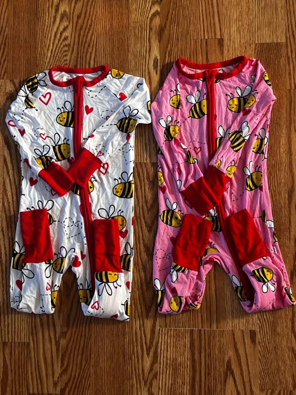 Little Sleepies Bee Print Red-Trim Pajama Set - White & Pink
